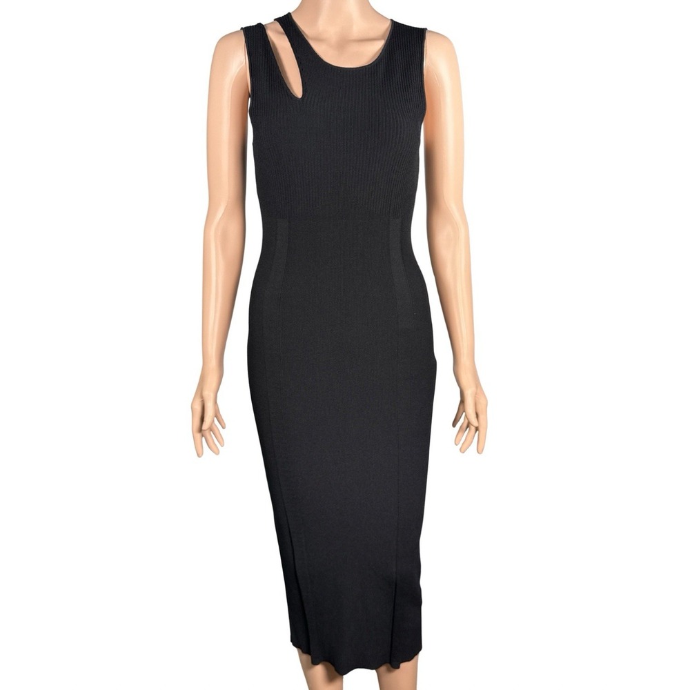 Good American Asymmetric Knit Dress Black Midi Cutout Ribbed GD0009 Size 3 L